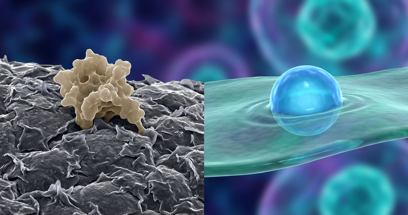 A high-contrast microscopic side-by-side comparison. On the left, a standard cream molecule sits stuck on the jagged surface of the epidermis. On the right, a spherical liposome is shown merging seamlessly with the skin cell membrane.