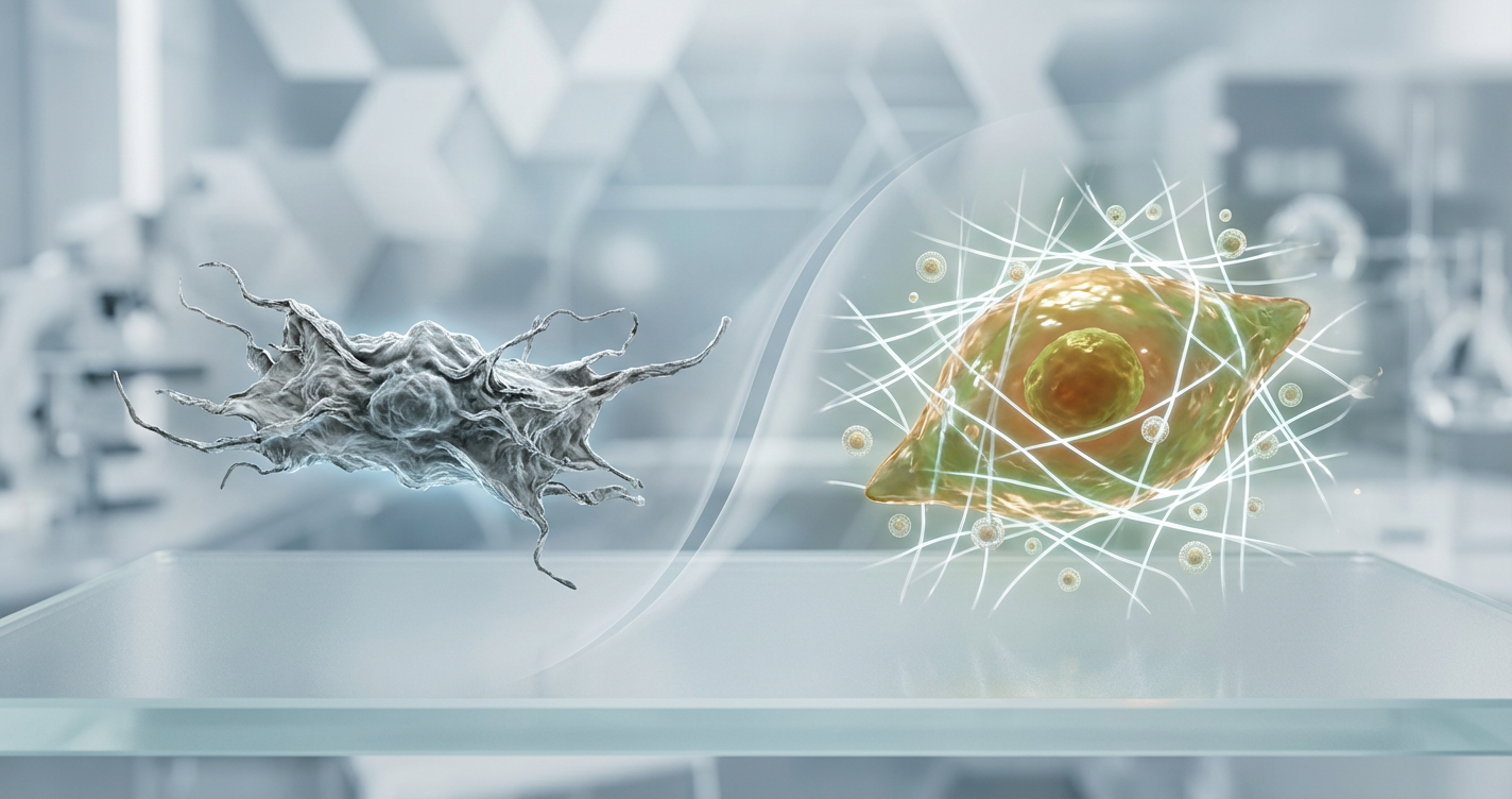 A 3D render of a fibroblast cell undergoing rejuvenation. The cell on the left is shriveled and gray; the cell on the right, after liposomal treatment, is vibrant, plump, and surrounded by new collagen fibers.