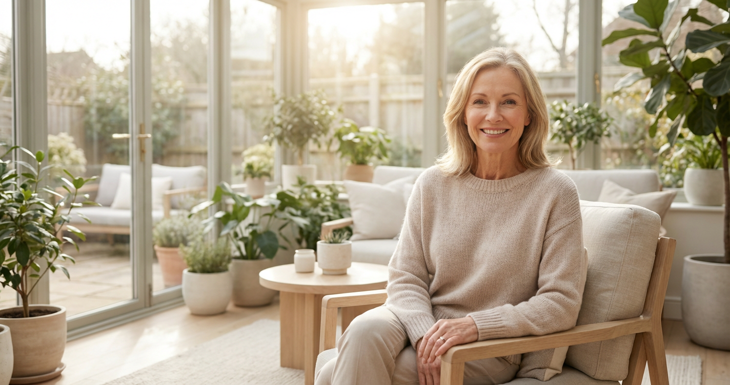 A serene woman in her 60s with glowing skin sitting in a sun-drenched sunroom, smiling warmly at the camera.