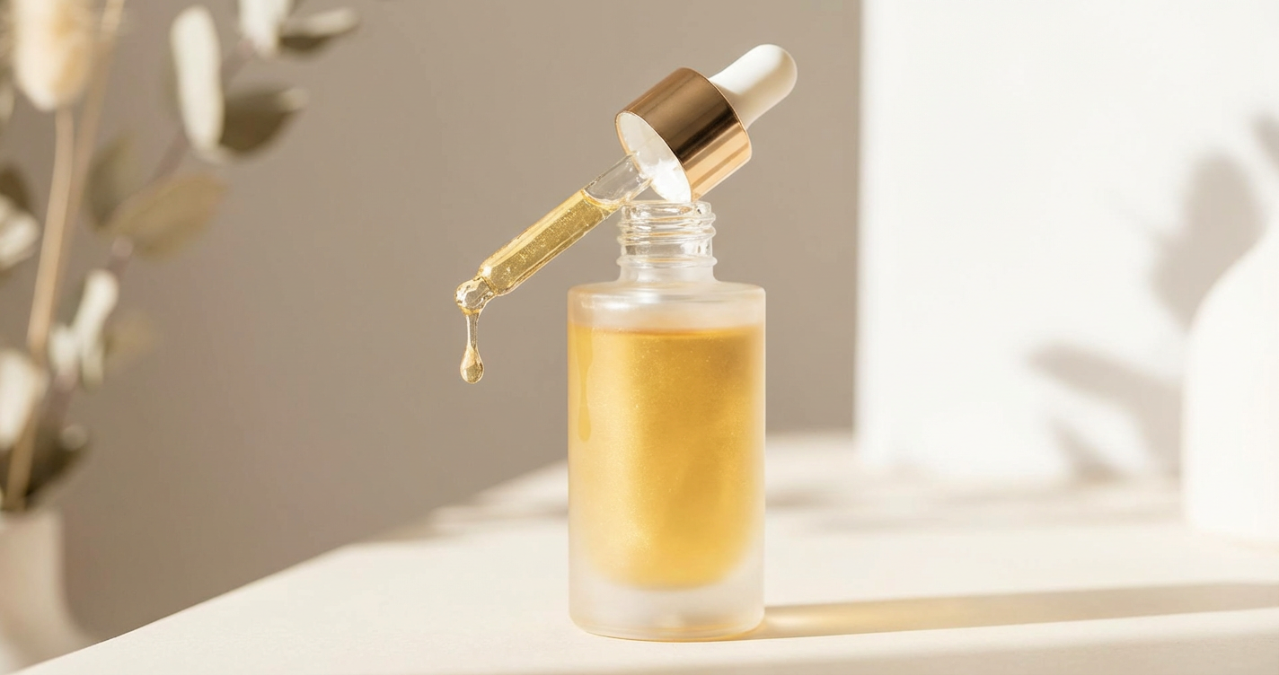 Close-up of a luxurious serum bottle with a pipette, showing the golden, rich texture of a liposomal formula.