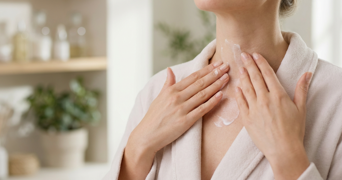 A woman's hands applying a creamy serum to her neck and décolletage, highlighting the importance of total-face care.