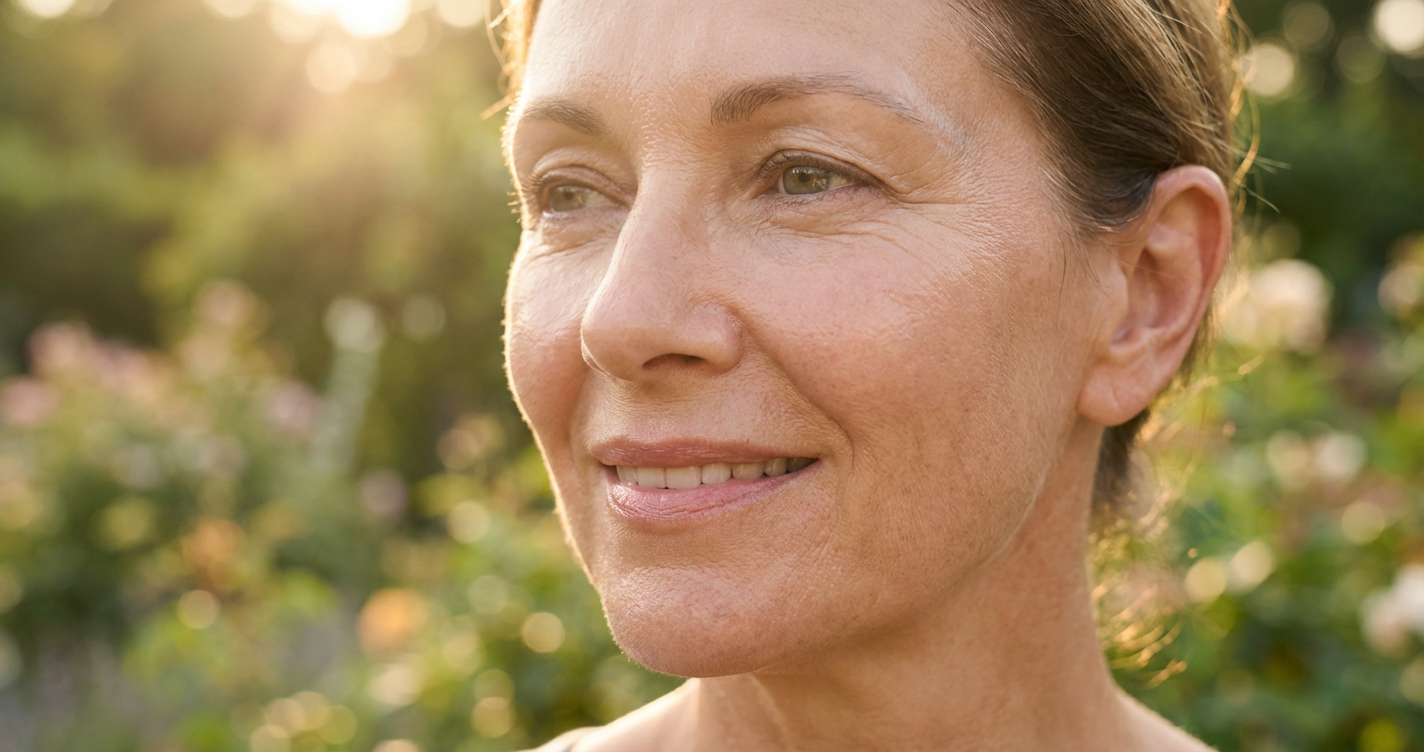 A high-quality close-up of a woman over 60 with radiant, healthy skin, emphasizing texture and natural glow in soft sunlight.