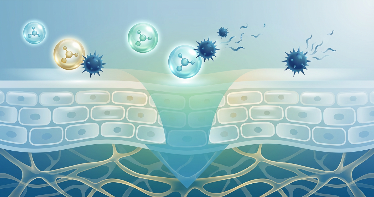 An abstract scientific illustration showing antioxidant molecules neutralizing free radicals on a cellular level, highlighting the penetration into the dermis.