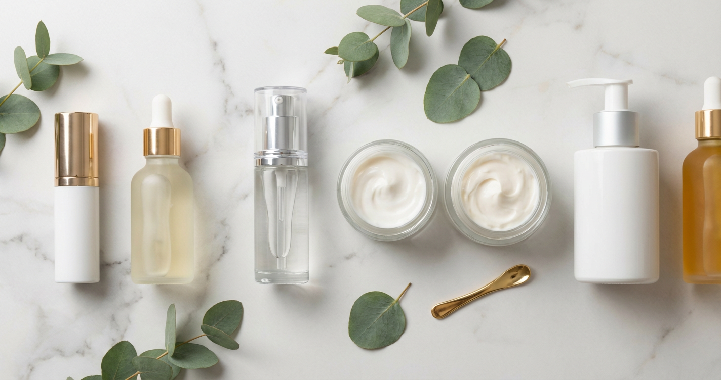 A luxurious flat-lay of skincare bottles on a marble surface, including a serum and a rich cream, symbolizing a high-end daily regimen.