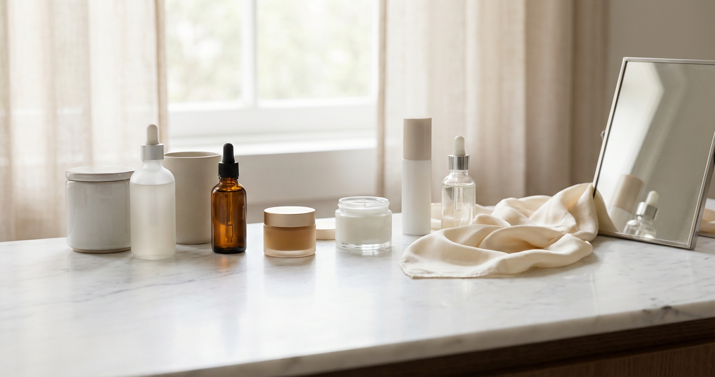 A sophisticated display of high-end skincare bottles on a white marble vanity, with a soft silk scarf draped nearby, signifying a luxury self-care routine.
