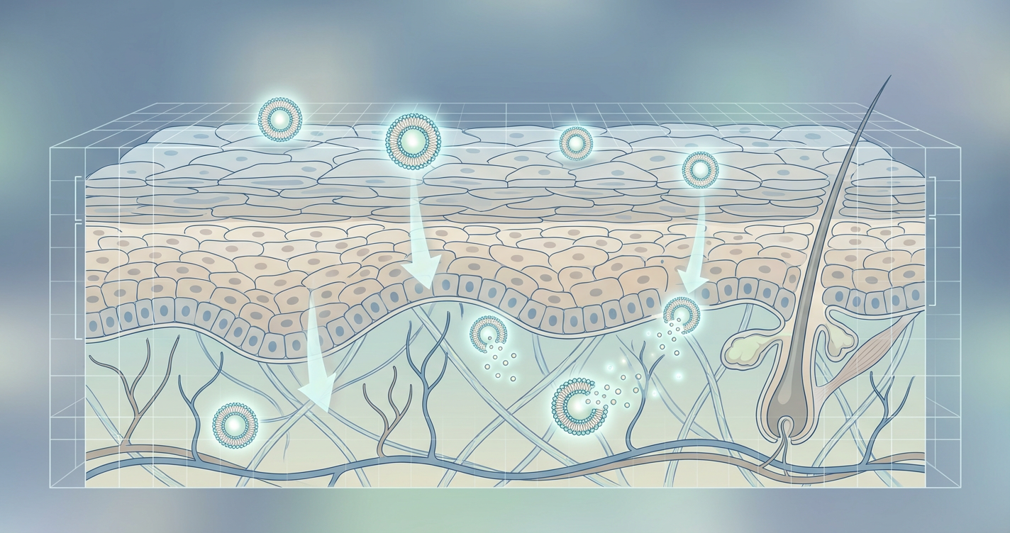 An infographic diagram showing a cross-section of skin, illustrating how liposomes penetrate the epidermis to deliver nutrients to the dermal layer.