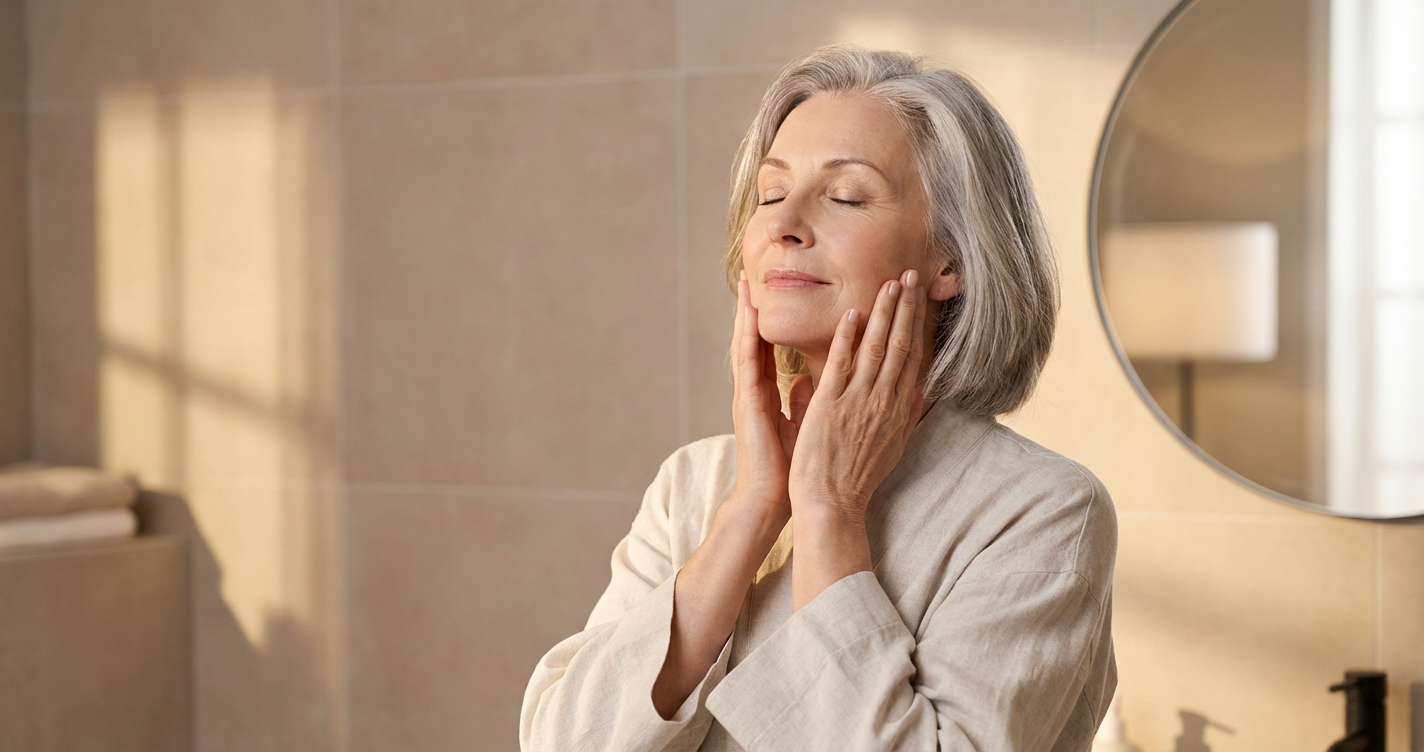 A serene woman over 55 with silver hair, eyes closed, gently massaging her jawline in soft, warm bathroom lighting.