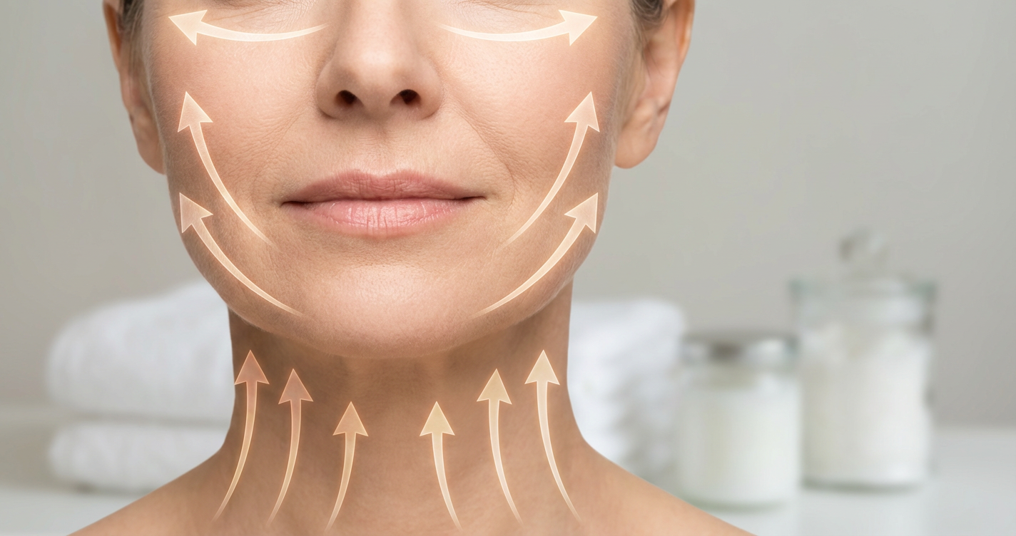 A close-up diagram or photo showing the direction of hand movements on a mature face, with arrows pointing upward and outward.