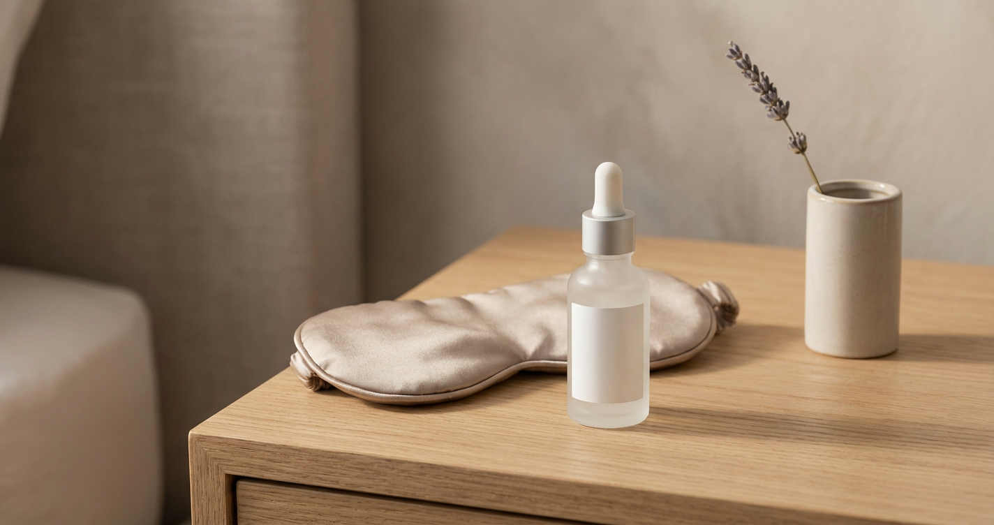 A nightstand with a luxury serum bottle, a silk eye mask, and a small sprig of lavender in a vase.