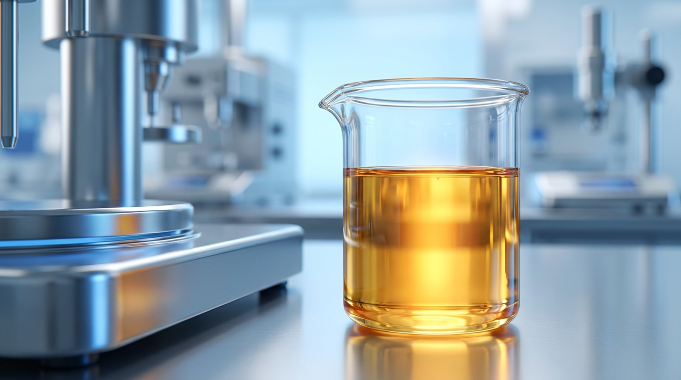 A close-up, high-quality photograph of a sophisticated laboratory setting showing a golden-hued liquid in a glass beaker, representing the potency and purity of Idebenone.