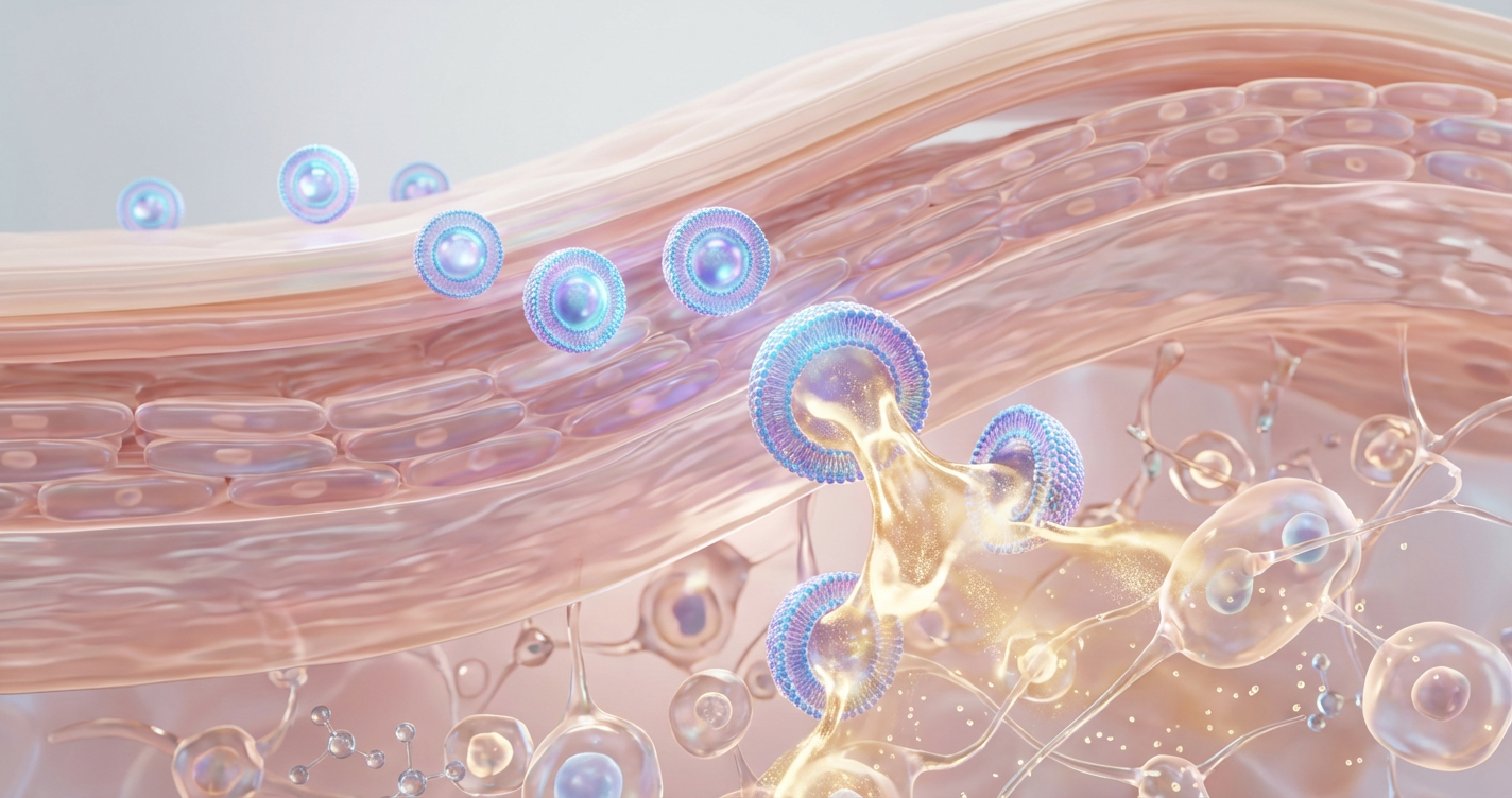 A 3D medical illustration showing microscopic spheres (liposomes) penetrating through skin layers and releasing their golden contents into the deeper dermis.