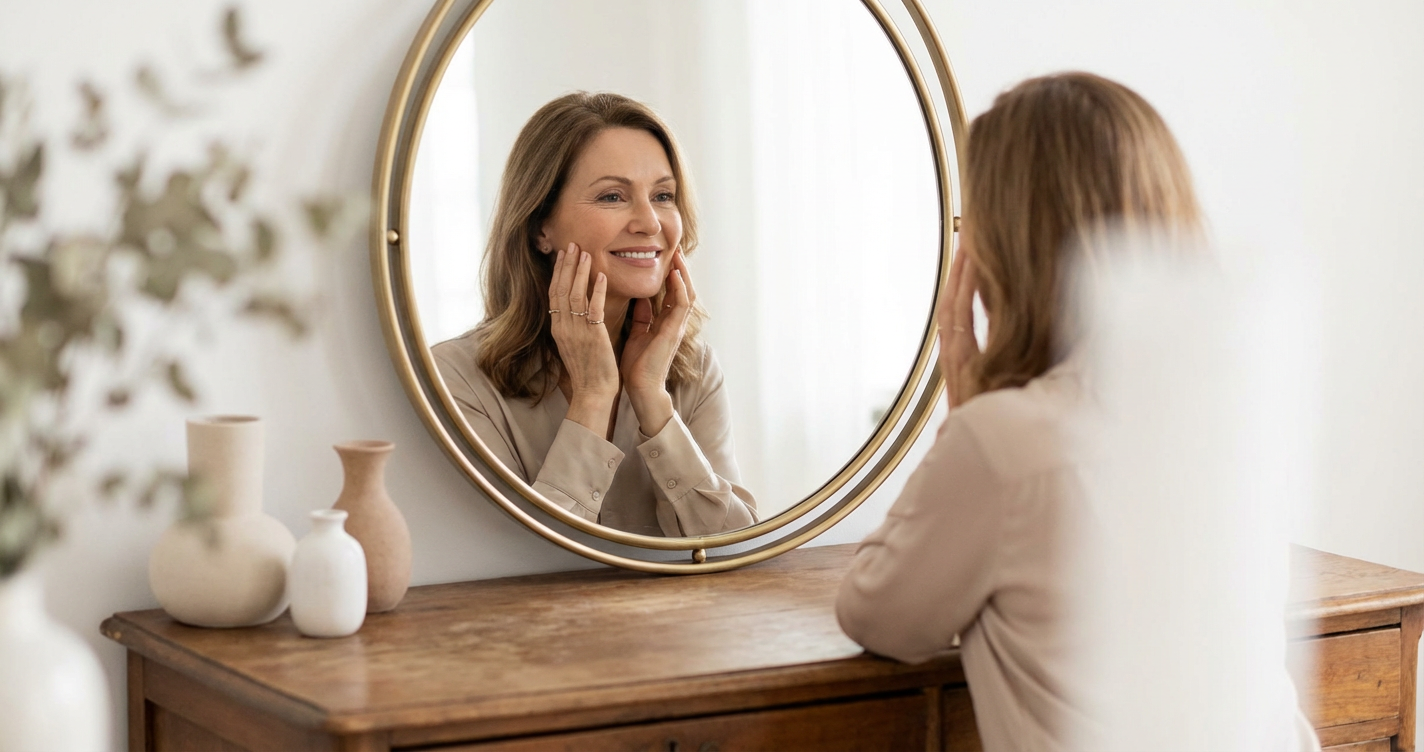 An elegant woman over 55 with glowing, healthy skin, looking into a mirror with confidence, emphasizing the results of a high-quality skincare routine.