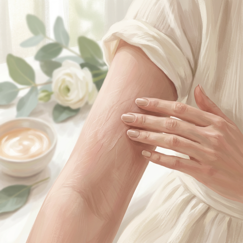An elegant, close-up shot of a woman's hand gently touching the skin on her upper arm, illustrating the texture of thin skin.