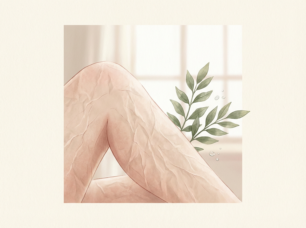 Close-up showing the delicate, paper-like texture of crepey skin on a woman's legs, elegantly lit.