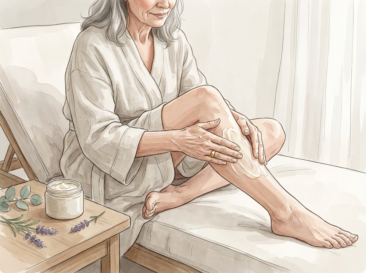 An elegant shot of a woman over 55 massaging a luxurious cream into her legs, looking relaxed and content.