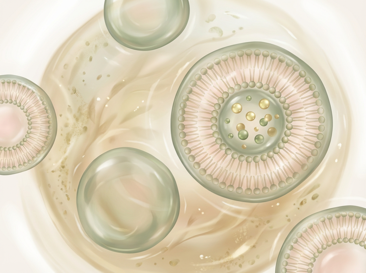 A microscopic visualization of liposomes encapsulating active ingredients, showing their lipid bilayer structure.