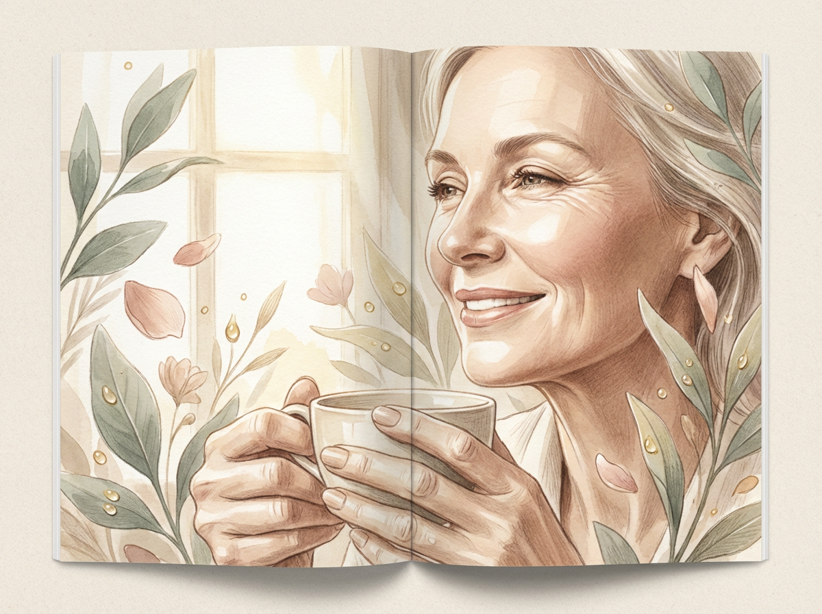 An elegant woman over 55 smiling, her skin looking healthy and radiant in the soft light of a spring day.