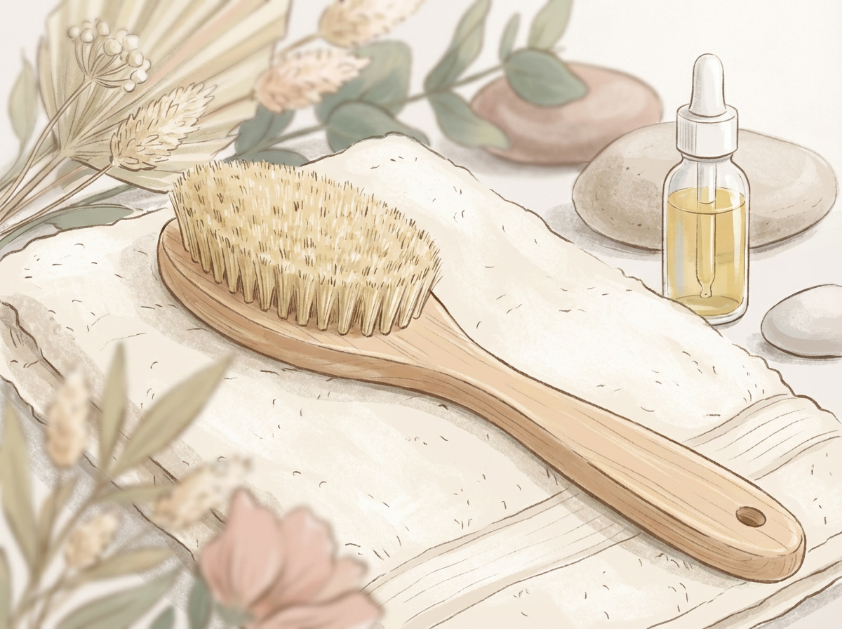 A chic, long-handled dry brush with natural bristles resting on a clean, white towel.