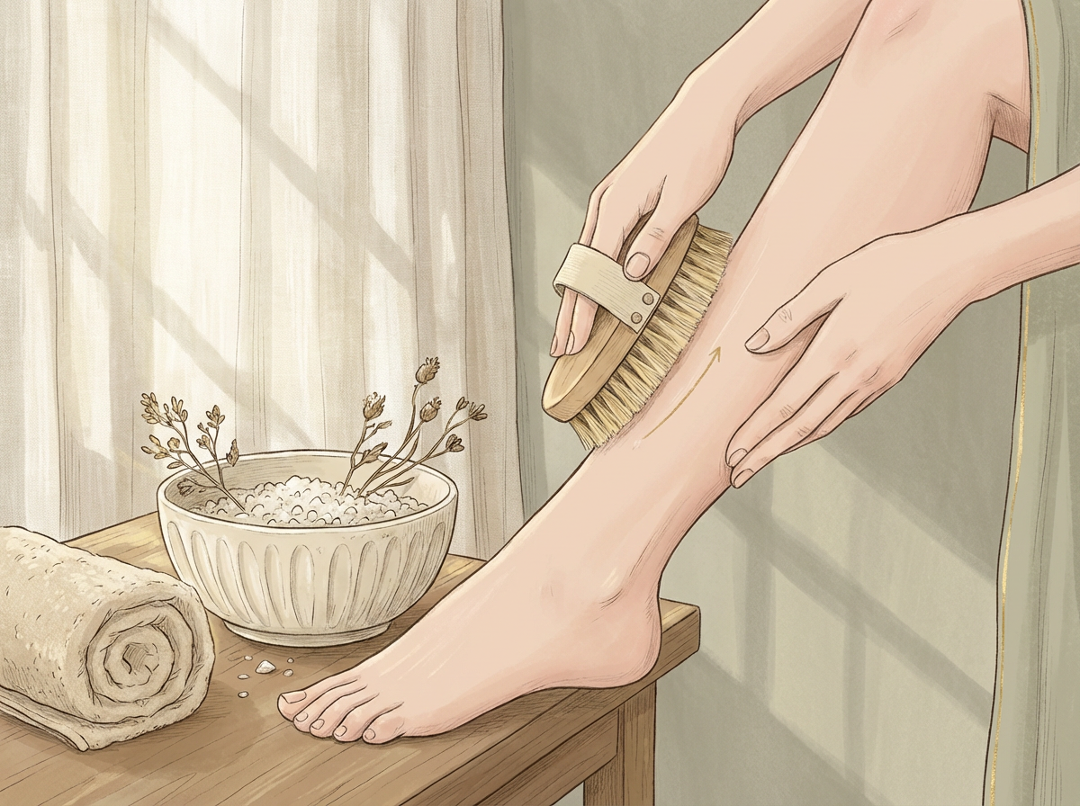 A serene image of a woman's legs as she gently dry brushes her calf with an upward stroke.