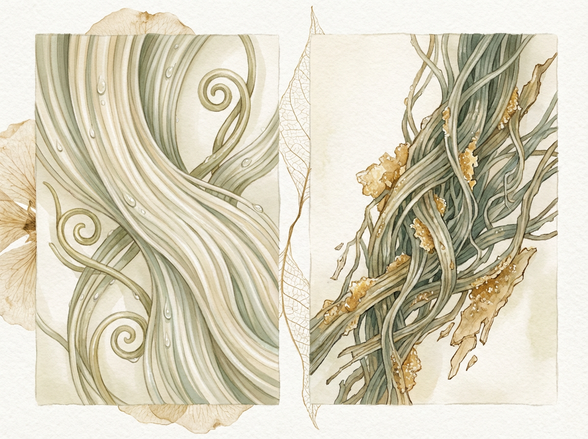 An abstract split-image showing flexible, organized collagen fibers on one side and stiff, cross-linked, disorganized fibers on the other side labeled