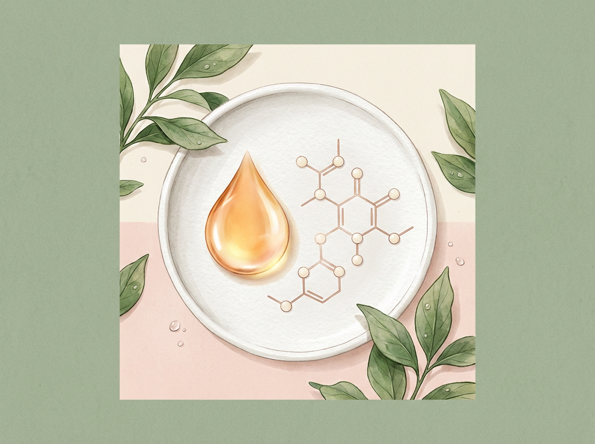 A glowing, amber-colored cosmetic serum drop next to a molecular diagram of Idebenone, representing its scientific power.