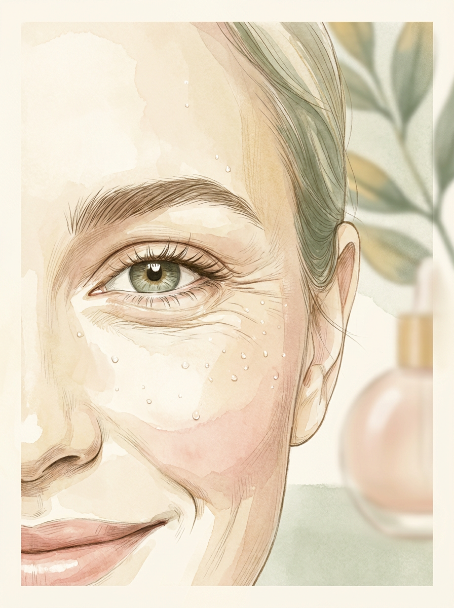 A close-up, artistic shot of a woman's smiling eye, showing crow's feet as lines of expression and experience.