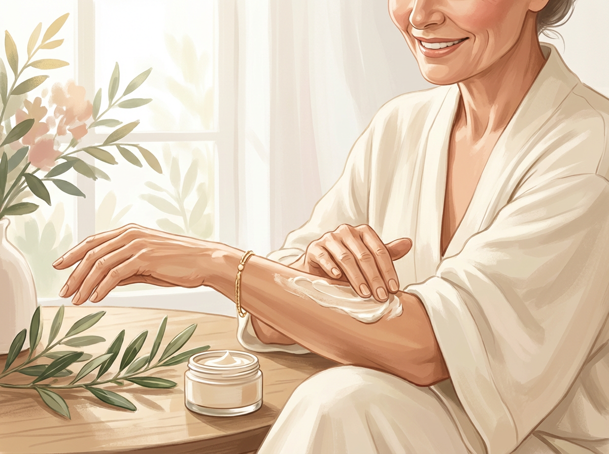 A confident, smiling woman over 50 applying a luxurious body cream to her arm, emphasizing a moment of positive self-care.