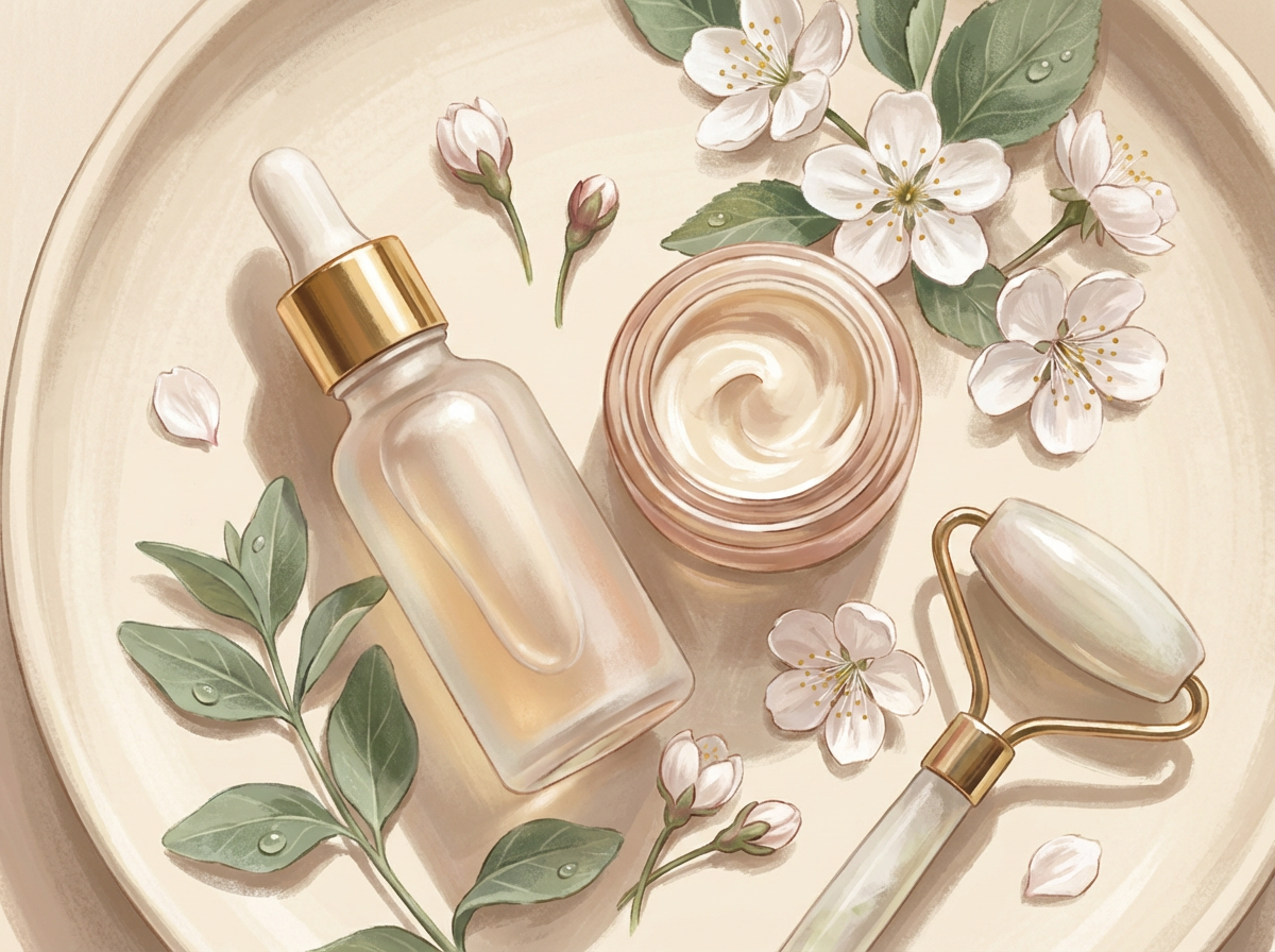 A flat lay of elegant skincare products, including a serum bottle, on a clean, bright surface with a few fresh spring flowers.