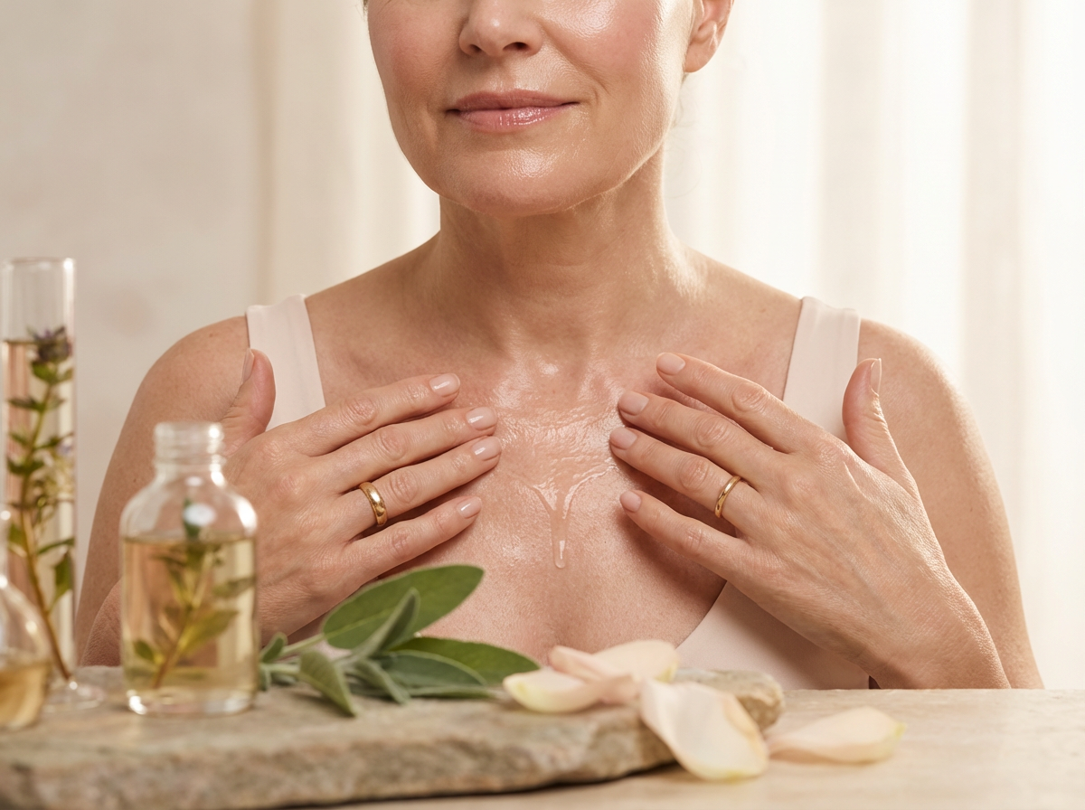 A vibrant photo of a woman in her 50s with healthy, glowing skin, confidently applying a luxurious serum to her face or décolletage.
