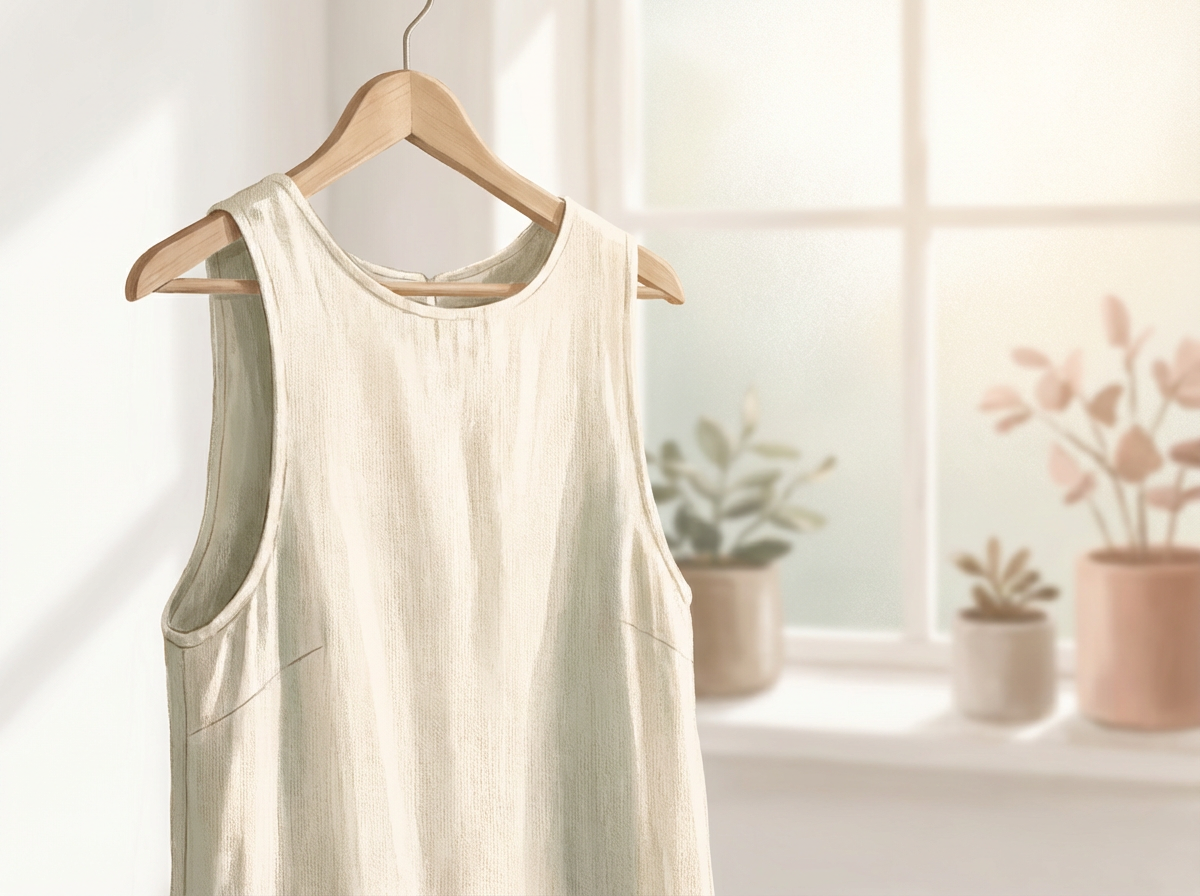 A close-up shot of a beautiful, textured linen or cotton sleeveless dress hanging on a wooden hanger, with soft light filtering in from a window behind it.