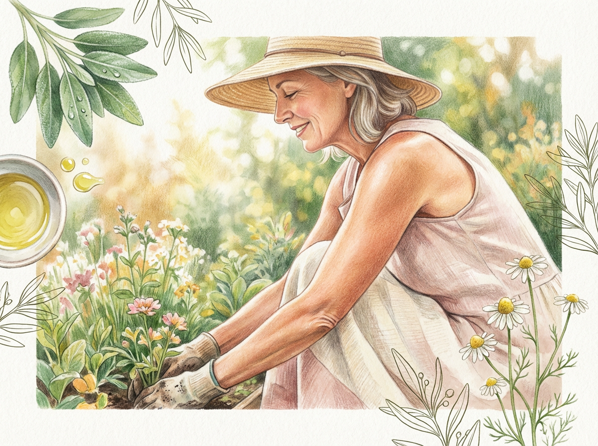 A joyful, confident woman over 50, viewed from the side, wearing a sleeveless sundress and a wide-brimmed hat. She is working in her garden, and her arms are toned and her skin is glowing and healthy.