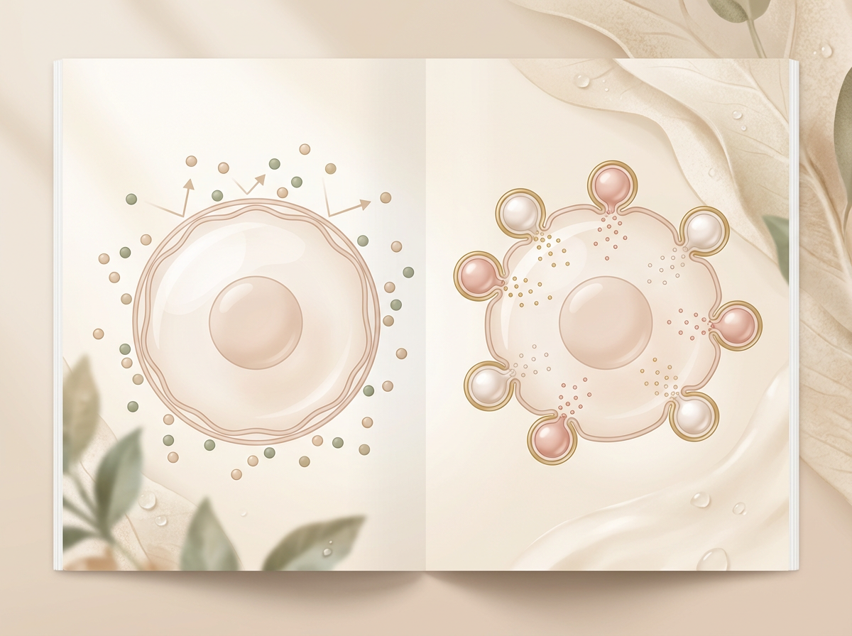 Simple infographic comparing two skin cells. One shows many particles from a regular cream bouncing off the cell wall. The other shows liposomes merging with the cell wall and depositing their contents inside.