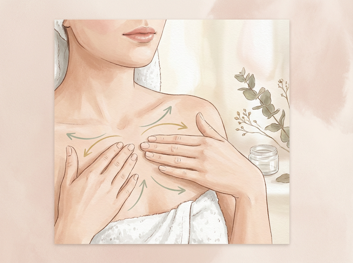 A woman in a towel performing a gentle chest massage, with arrows showing the direction of her hand movements.