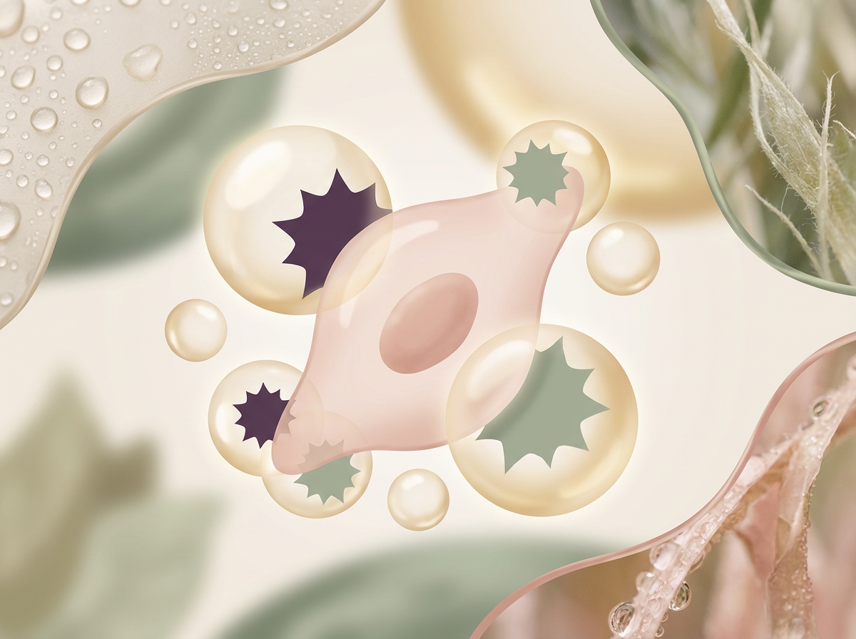 A vibrant, abstract graphic showing antioxidants neutralizing free radicals around a skin cell