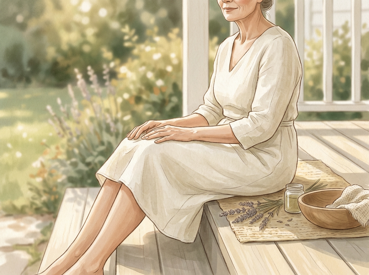 An elegant, sunlit shot of a woman over 50 sitting on a porch step, her dress hemline just above the knee, showing her smooth, cared-for legs.