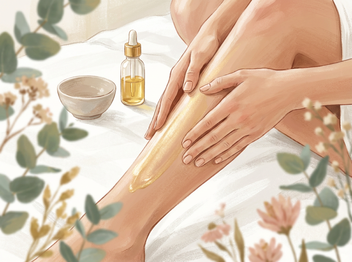 A close-up of a woman's hands massaging a luxurious golden body oil onto her shin.
