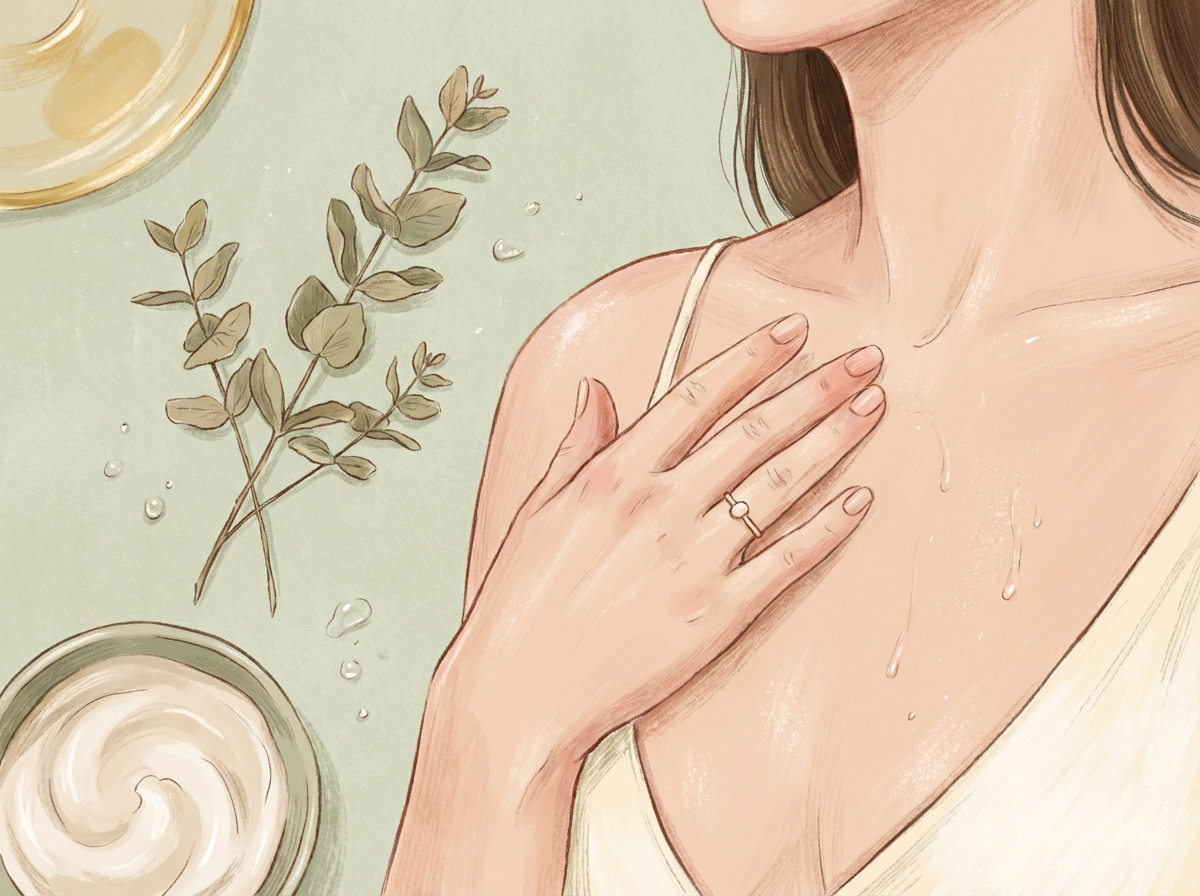 A close-up shot of a woman's hand gently touching the skin on her décolletage, with soft, natural lighting.