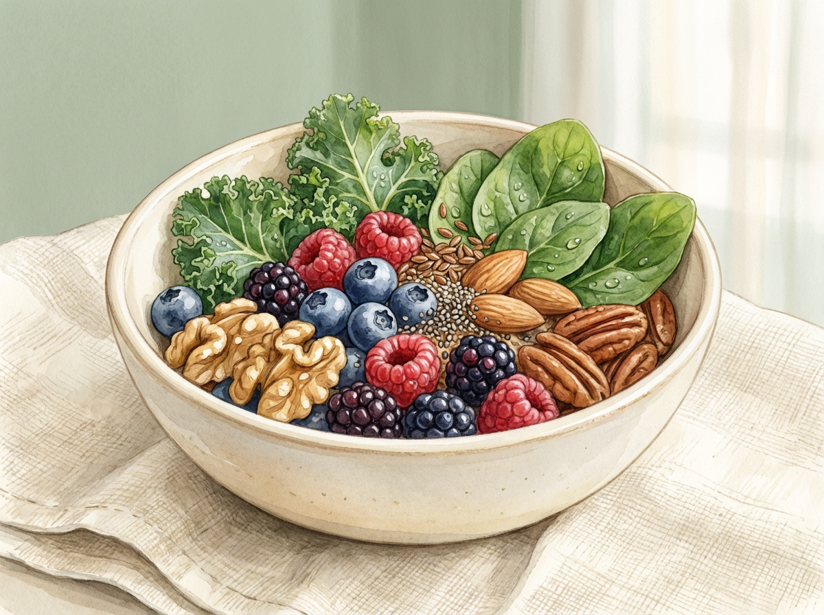 A vibrant, colorful bowl of berries, nuts, and leafy greens, representing an anti-glycation diet.