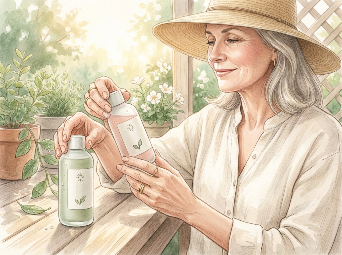A smiling woman over 50 in a sunhat, thoughtfully comparing two bottles of Hygieia sunscreen on a bright, sunny porch.