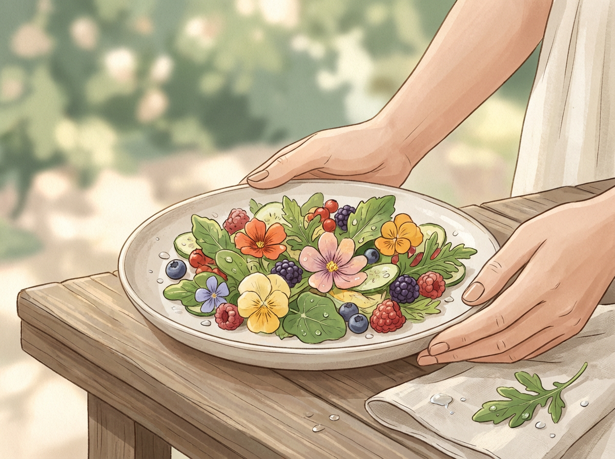 A vibrant, colorful summer salad on a beautiful plate, with a woman's hands visible, set on an outdoor table.