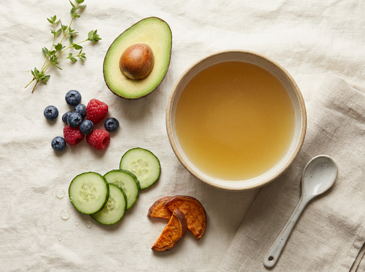 A flat lay of the five hydrating hero foods: cucumber, avocado, berries, sweet potatoes, and a beautiful bowl of bone broth.