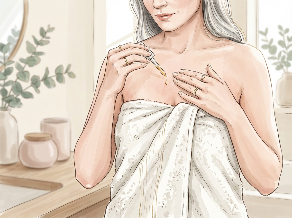A beautiful, elegant woman over 50 applying a serum to her décolletage area after a shower, wrapped in a fluffy white towel.