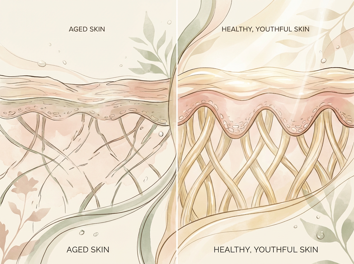 An elegant diagram showing a cross-section of healthy, youthful skin with dense collagen vs. aged skin with sparse collagen and a flattened dermal-epidermal junction.