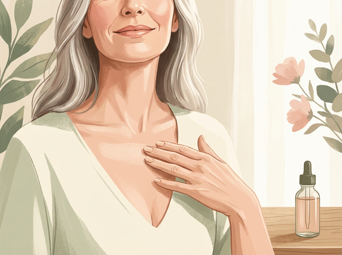 A woman in her 50s smiles confidently, touching the smooth skin on her décolletage.