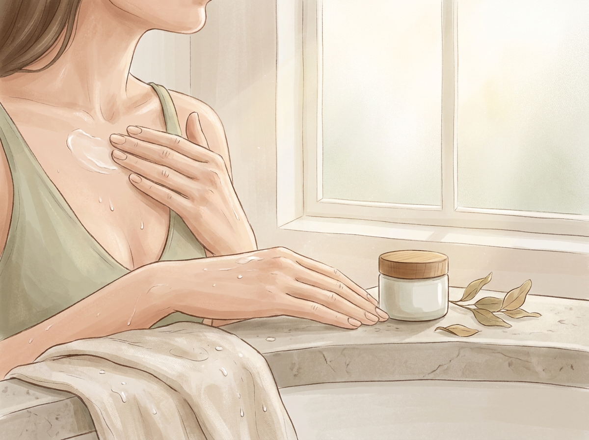 A serene image of a woman's hands applying cream to her décolletage in a softly lit bathroom.