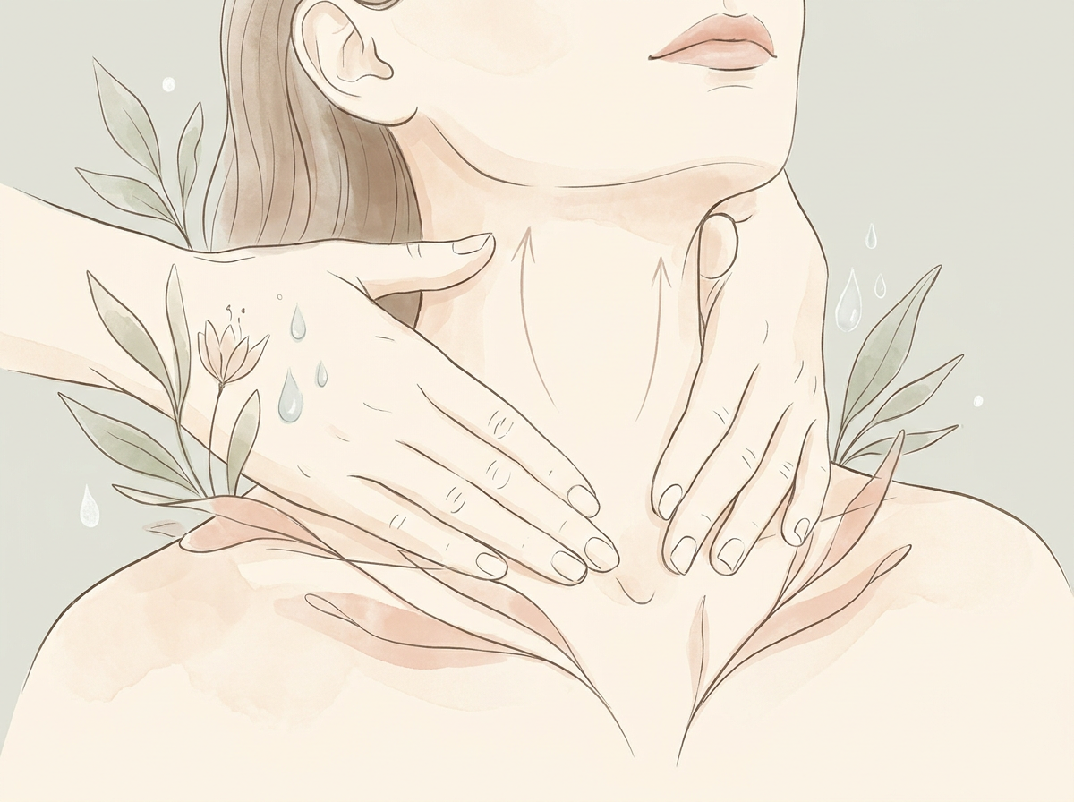 Elegant illustration showing upward massage strokes on the neck and chest area.