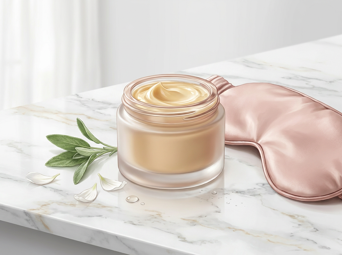 A luxurious-looking jar of neck and chest cream on a clean, marble surface next to a silk sleeping mask.