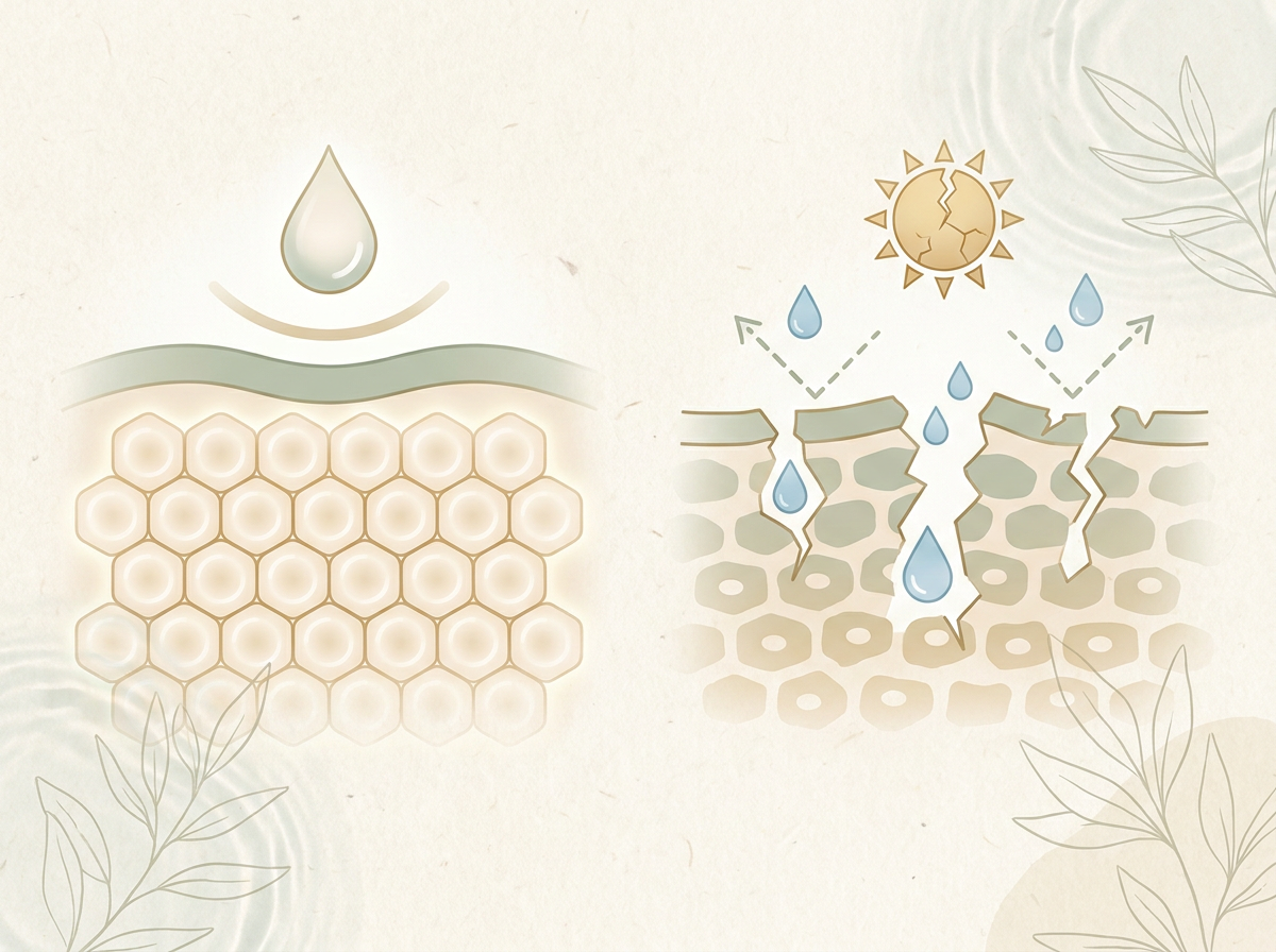 A diagram showing a healthy, intact skin barrier next to a sun-damaged skin barrier with gaps and moisture loss.