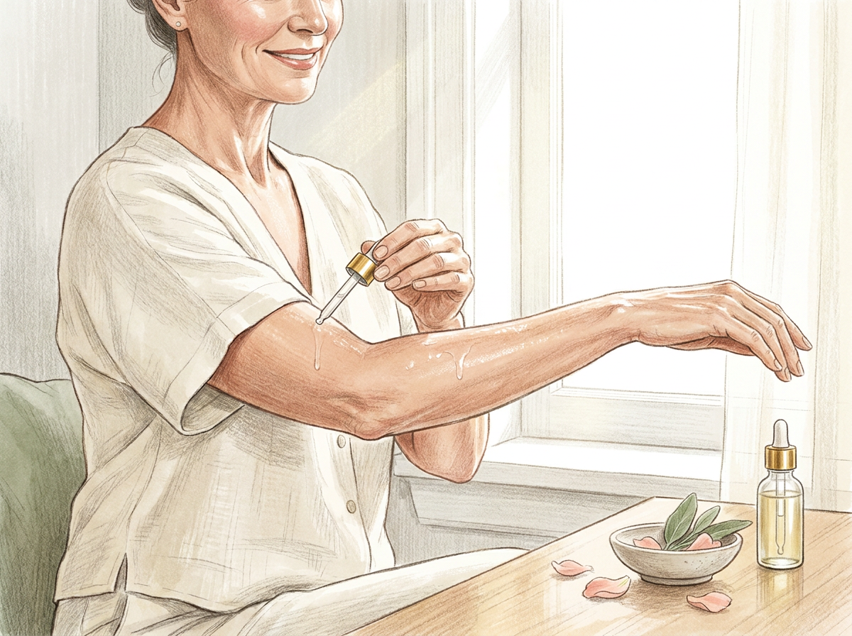 An elegant, mature woman applying a serum to her arms, looking confident and serene in a beautiful, sunlit room.