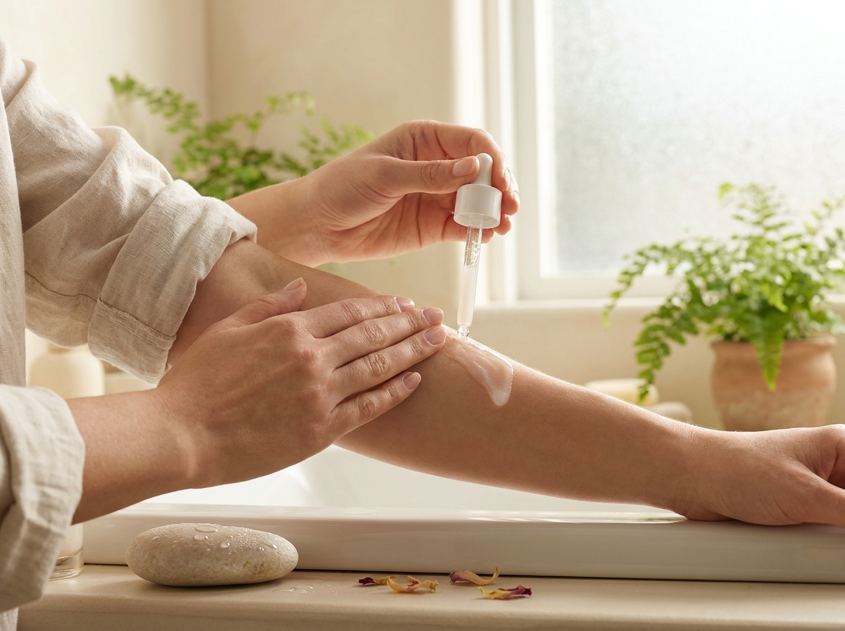 A woman's hands applying a silky serum to her upper arm in a beautiful, spa-like bathroom setting.